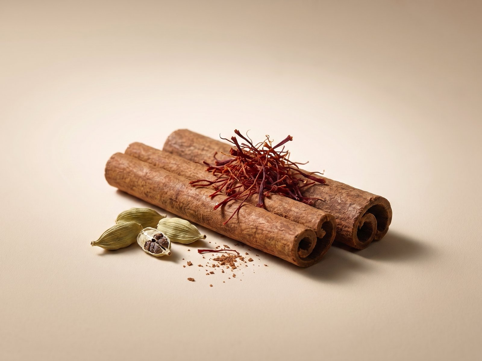 Ramas de canela cassia con una pizca de hebras de azafrán encima y vainas de cardamomo verde.