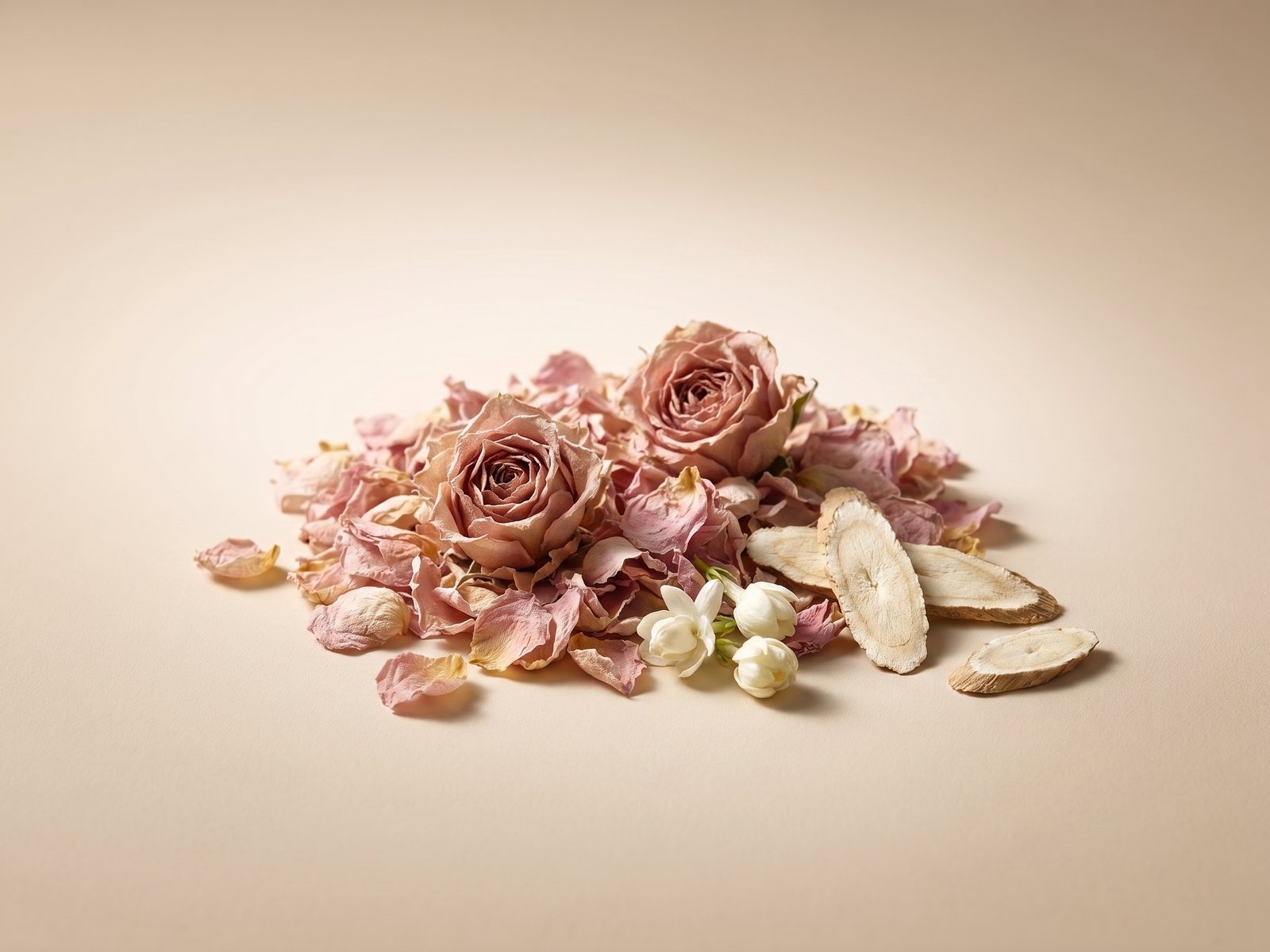 Pétalos secos de rosa de Taif en rosa apagado, con rodajas de raíz de iris y capullos de jazmín.