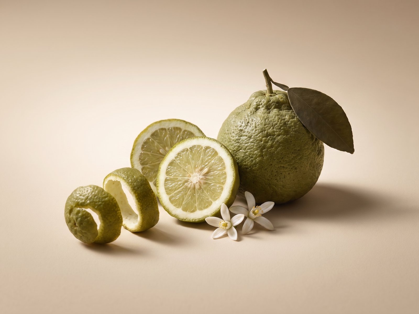 Una bergamota entera con su hoja, dos rodajas cortadas y una cáscara en espiral, con flores de neroli.