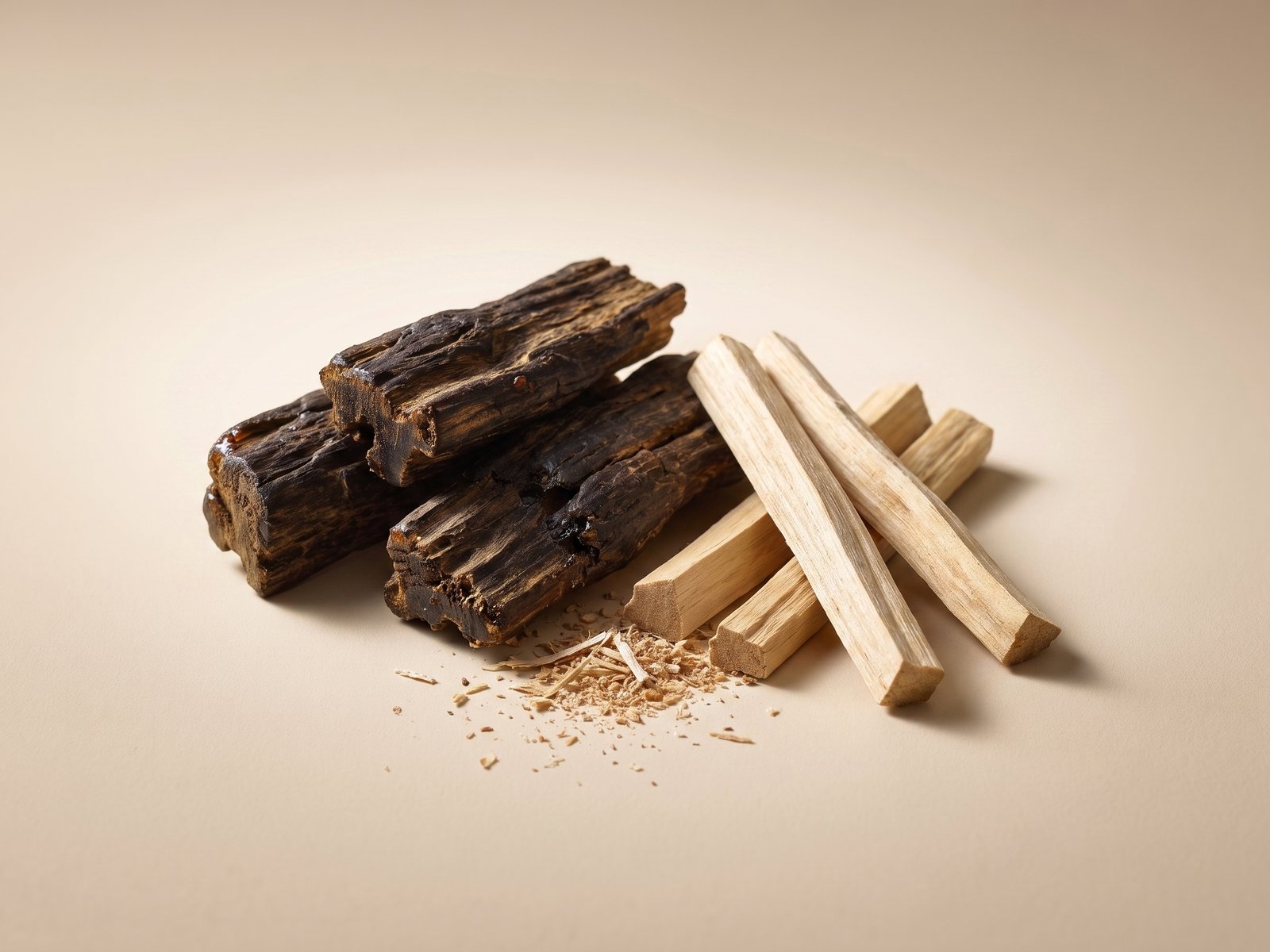 Trozos de agarwood oscuro junto a astillas claras de sándalo, con virutas al pie.